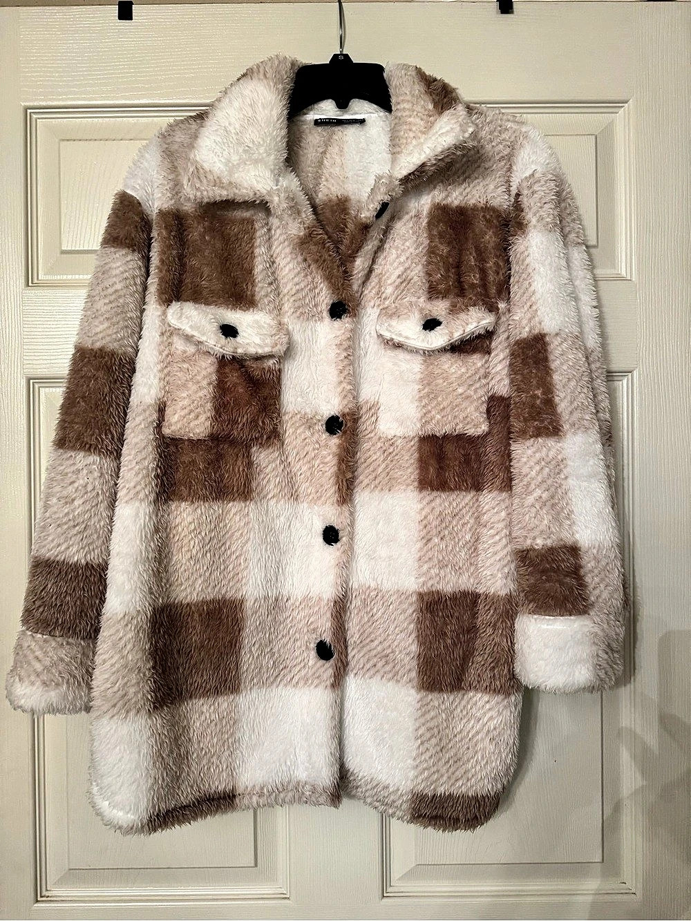 SHEIN Brown White Plaid Fuzzy Teddy Shacket Coat EU 36 Size Small